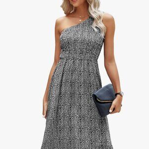 One Shoulder Floral Dress Elegant Party Ruffled Flowy Dress Black Small